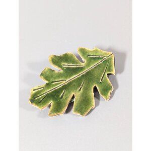Artisan Green Ceramic Oak Leaf Pin Brooch Fall Autumn